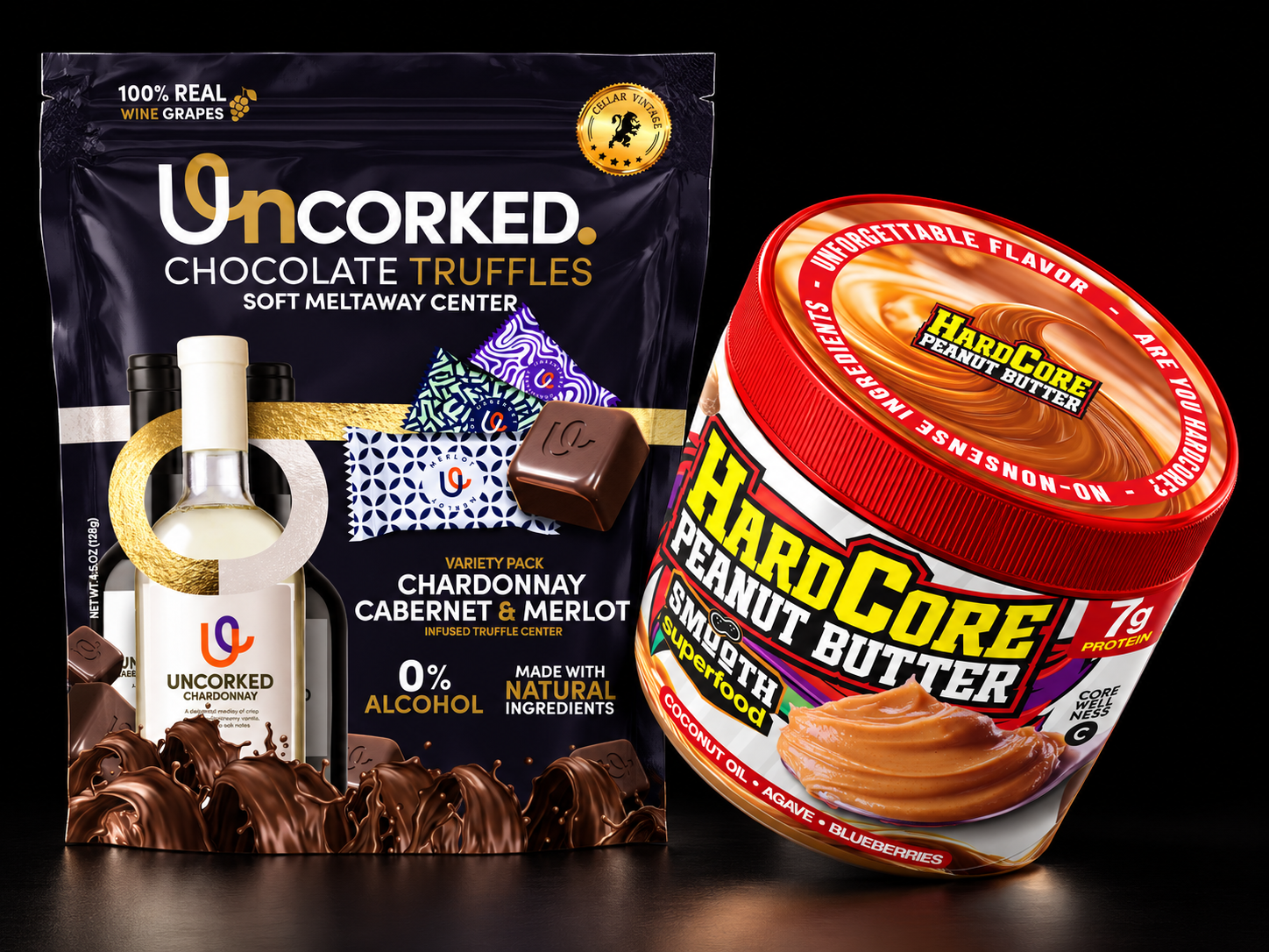 Uncorked chocolate truffles and Hardcore peanut butter on a black background